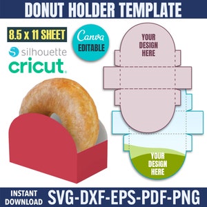 Könnte beinhalten: Eine druckbare Vorlage für eine Donut-Halterbox. Die Vorlage ist so konzipiert, dass sie ausgeschnitten und zusammengebaut werden kann. Die Vorlage enthält eine Donut-Form, eine rechteckige Box und einen Designbereich für die Personalisierung. Die Vorlage ist kompatibel mit Silhouette- und Cricut-Schneidemaschinen. Die Vorlage ist 8,5 Zoll mal 11 Zoll groß.