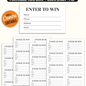 Peut inclure: Un modèle de formulaire de billet de tombola imprimable sur une feuille de 8,5x11 pouces. Le document présente plusieurs billets rectangulaires avec le texte ENTER TO WIN et des lignes pour Name, Phone, Address et Email. Un badge orange indique 100% Canva Editable.