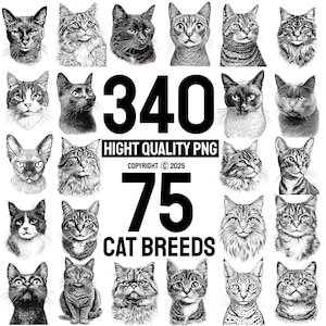 May include: A collection of 75 different cat breeds, illustrated in black and white. The image features 340 high quality PNG images. Copyright 2025.