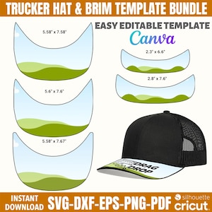 May include: A black trucker hat with a white brim featuring the text "DRAG & DROP". The image also displays several brim templates with measurements in inches, and the text "TRUCKER HAT & BRIM TEMPLATE BUNDLE" and "EASY EDITABLE TEMPLATE Canva".