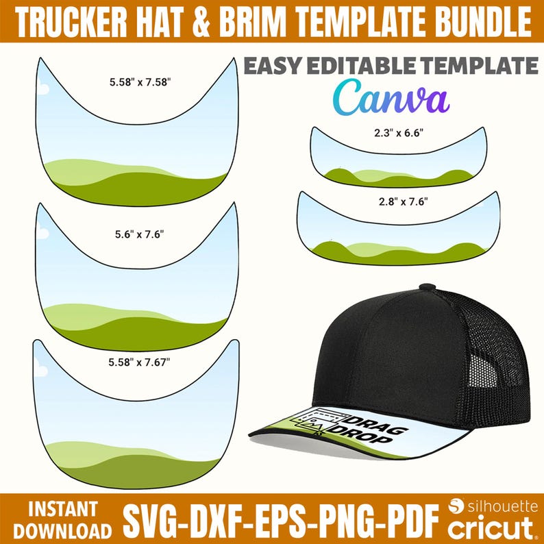 May include: A black trucker hat with a white brim featuring the text "DRAG & DROP". The image also displays several brim templates with measurements in inches, and the text "TRUCKER HAT & BRIM TEMPLATE BUNDLE" and "EASY EDITABLE TEMPLATE Canva".