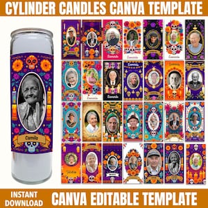 Peut inclure: Une bougie cylindrique en verre transparent avec une étiquette décorative ornée d'un portrait et de motifs floraux et de crânes. L'image montre également divers modèles de bougies cylindriques avec des portraits, des fleurs et des crânes. Le texte indique "CYLINDER CANDLES CANVA TEMPLATE" et "CANVA EDITABLE TEMPLATE."