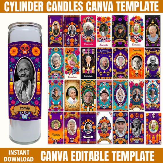 Día de los Muertos Candle Wrap Template, Sugar Skull Design (Canva Editable, PDF)