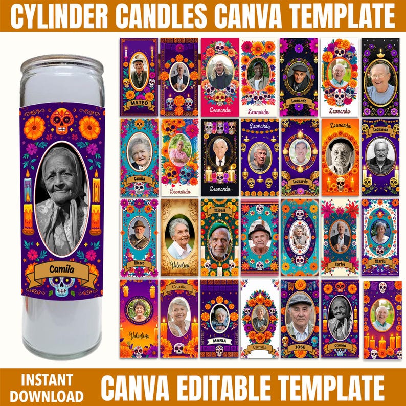 Puede incluir: Una vela cil&iacute;ndrica de vidrio transparente con una etiqueta decorativa con un retrato y motivos florales y de calaveras. La imagen tambi&eacute;n muestra varios dise&ntilde;os de plantillas de velas cil&iacute;ndricas con retratos, flores y calaveras. El texto dice "CYLINDER CANDLES CANVA TEMPLATE" y "CANVA EDITABLE TEMPLATE."