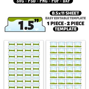 May include: A digital file tab templates bundle featuring SVG, PSD, PNG, PDF, and DXF formats. The graphic displays a 1.5-inch tab design on an 8.5x11 sheet, including one-piece and two-piece templates with a green and light blue landscape pattern.