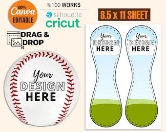 May include: A digital download template for creating baseball panel designs. The template includes two baseball panel shapes, a baseball graphic, and the text "Your Design Here". The template is compatible with Cricut and Silhouette cutting machines.