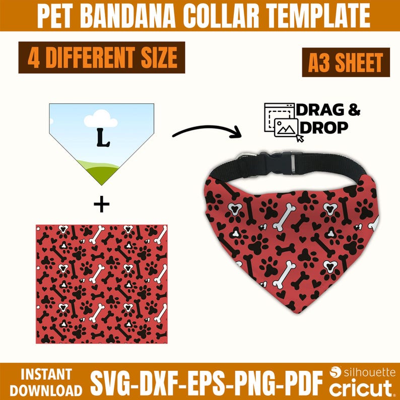 May include: A pet bandana collar template with a red background and a pattern of black paw prints and white bones. The design includes a black collar and buckle. The image also shows a design with the text "4 DIFFERENT SIZE" and "A3 SHEET".