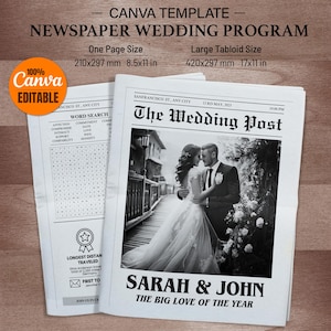 Puede incluir: Una plantilla de programa de boda estilo periódico en blanco y negro con una foto de una pareja en el centro. El titular dice "The Wedding Post" y los nombres de la pareja son "Sarah & John" con el lema "The Big Love of the Year".