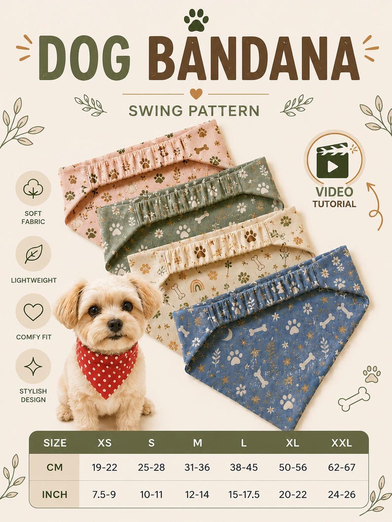 May include: Dog bandanas in various colors and patterns, including pink, green, cream, and blue, with paw prints, bones, and floral designs. The image includes a size chart in inches and centimeters, and a small dog wearing a red polka dot bandana.