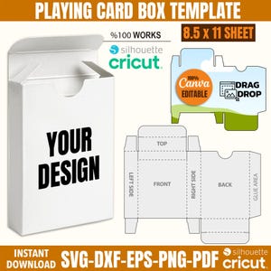 Modello di scatola per carte da gioco vuota in formato SVG, modello di scatola per carte da poker, modello di scatola per mazzo di carte, scatola fustellata, modello di scatola con trascinamento della selezione, modificabile da Canva