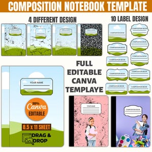 May include: A composition notebook template with four different designs and ten label designs. The image includes a blue sky and green landscape design, a pink notebook with a girl, and a purple notebook with a woman. The text says "Composition Notebook Template" and "Full Editable Canva Template".