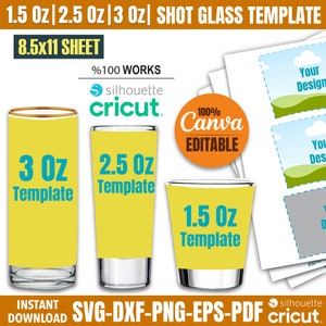 Pacchetto di modelli per bicchierini da shot, involucro per bicchierini da shot da 1,5 oz, 2,5 oz, 3 oz, modello per bicchierini da shot per sublimazione, modello per bicchierini SVG, modello per bicchierini Canva