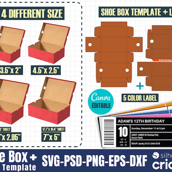 Shoe Box Template Bundle, Sneaker Box Template Bundle Svg, Shoe box label svg, Gift Box Svg, Party Favors box, Shoe box label template