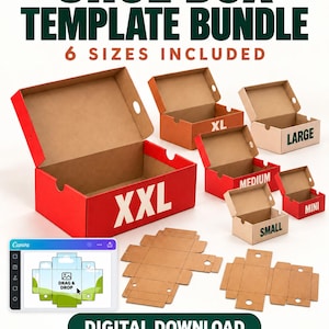 May include: A shoe box template bundle featuring six sizes labeled XXL, XL, Large, Medium, Small, and Mini. The set includes assembled cardboard boxes in red and tan, flat die-cut templates, and a digital interface showing a drag and drop design.