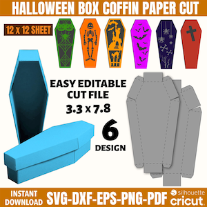 May include: A Halloween-themed paper cut design with six coffin designs in different colours and patterns. The image includes a blue assembled coffin box, a gray coffin template, and text that reads "EASY EDITABLE CUT FILE 8.4 x 19.8 cm" and "6 DESIGN".