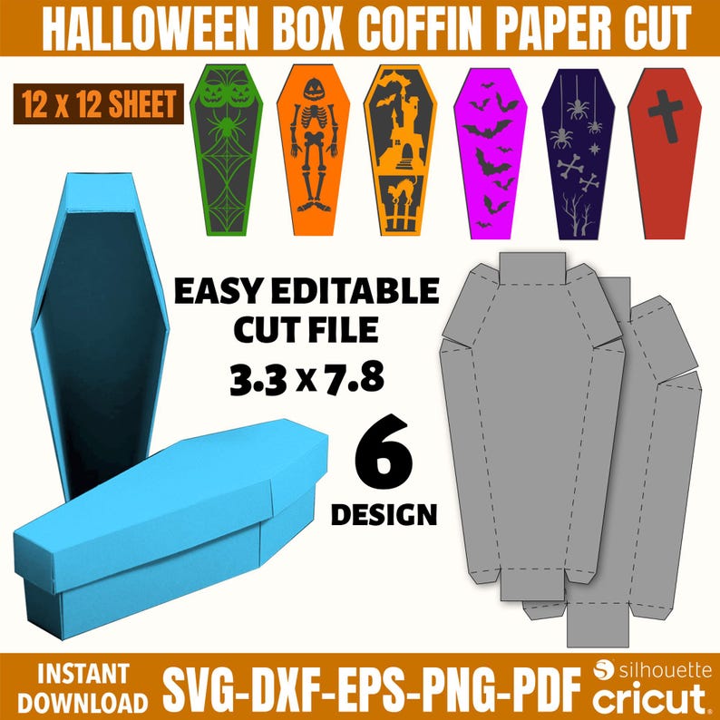 May include: A Halloween-themed paper cut design featuring six coffin designs in various colors and patterns. The image includes a blue assembled coffin box, a gray coffin template, and text that reads "EASY EDITABLE CUT FILE 3.3 x 7.8" and "6 DESIGN".