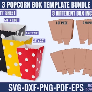 Puede incluir: Tres plantillas de caja de palomitas de maíz imprimibles en diferentes tamaños. Las plantillas se muestran como piezas planas con líneas punteadas que indican dónde doblar. Las cajas miden 5,6 pulgadas por 3,66 pulgadas, 4,4 pulgadas por 2,9 pulgadas y 3,5 pulgadas por 2,3 pulgadas. Las plantillas están diseñadas para imprimirse en una hoja de papel de 8,5 pulgadas por 11 pulgadas.