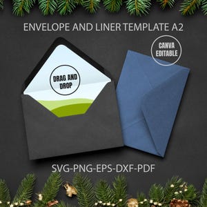 May include: A black envelope with a blue liner. The liner has a white background with a green and blue wave design. The text "DRAG AND DROP" is in a black circle on the liner.
