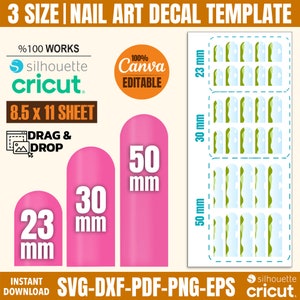 May include: A digital download template for nail art decals in three sizes: 23 mm, 30 mm, and 50 mm. The template is compatible with Silhouette and Cricut cutting machines and is 100% editable in Canva. The template features a green and blue design with a white background.