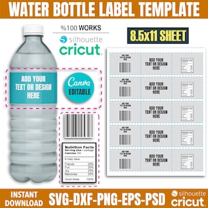 Water Bottle Labels Template, Water Bottle Label Svg, Water Botlle Blank Template, Canva Template, DIY Label Template, Party Template