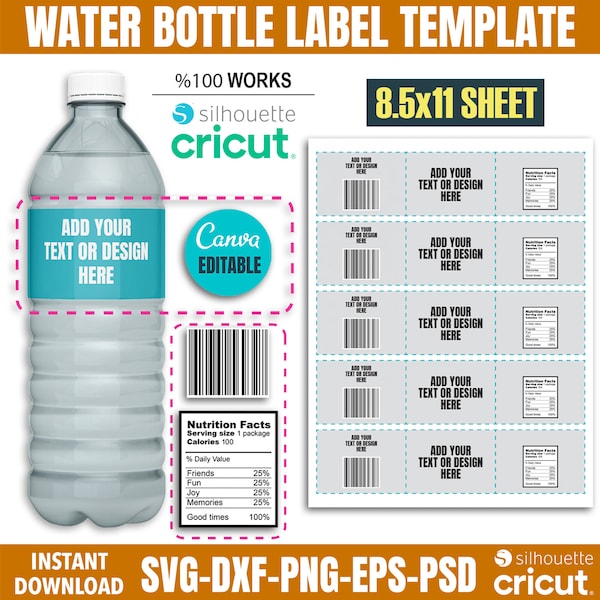 Water Bottle Labels Template, Water Bottle Label Svg, Water Botlle Blank Template, Canva Template, DIY Label Template, Party Template