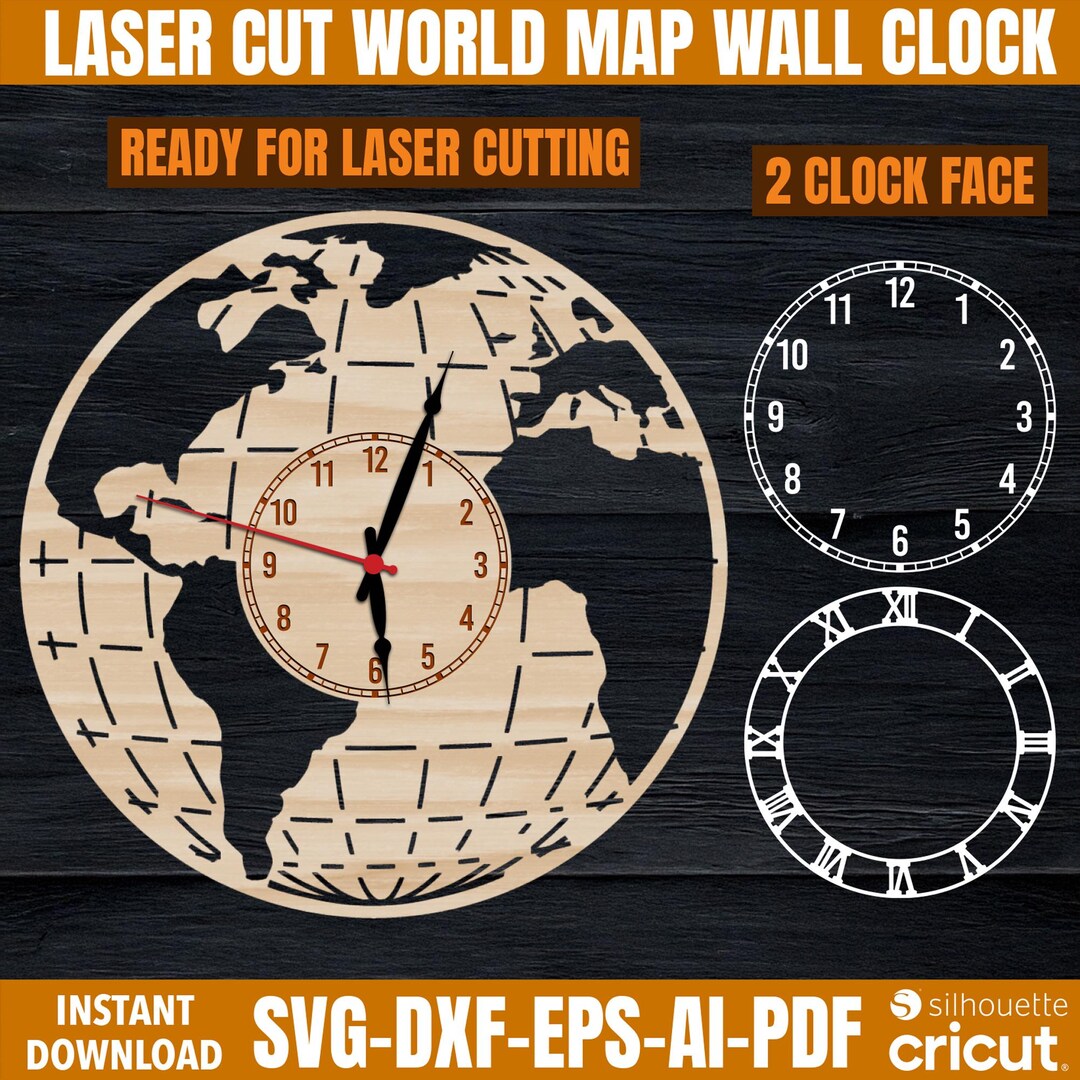 World Map Wall Clock Laser Cut File (svg, Dxf, Eps, Ai, Pdf) - Etsy