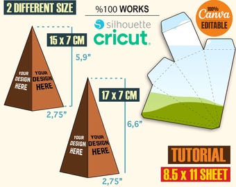 May include: A digital download template for a pyramid box. The template is compatible with Silhouette and Cricut cutting machines. The image shows two different sizes of the box, one 15 x 7 cm and the other 17 x 7 cm. The template is also editable in Canva. The text "YOUR DESIGN HERE" is shown on the box.
