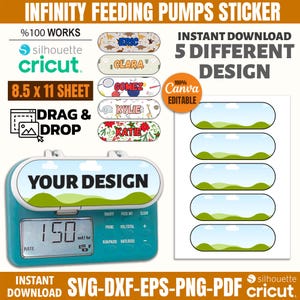 May include: A teal feeding pump with a digital display showing "150 ml/hr". The image includes a sheet of stickers with various designs and names, and a sheet with landscape designs. Text includes "Infinity Feeding Pumps Sticker" and "Instant Download".