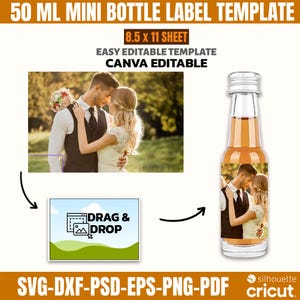 May include: A clear 50 ml mini bottle label template with a wedding photo. The label is easy to edit and is designed for an 8.5 x 11 sheet. The template is Canva editable and supports SVG, DXF, PSD, EPS, PNG, and PDF formats.