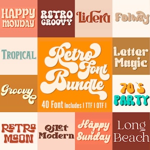 Retro lettertypebundel, groovy lettertype, retro lettertype, bruiloft lettertype, lettertype clipart, Vintaga lettertype, jaren 70 lettertype, Cricut lettertype, lettertype commercieel gebruik