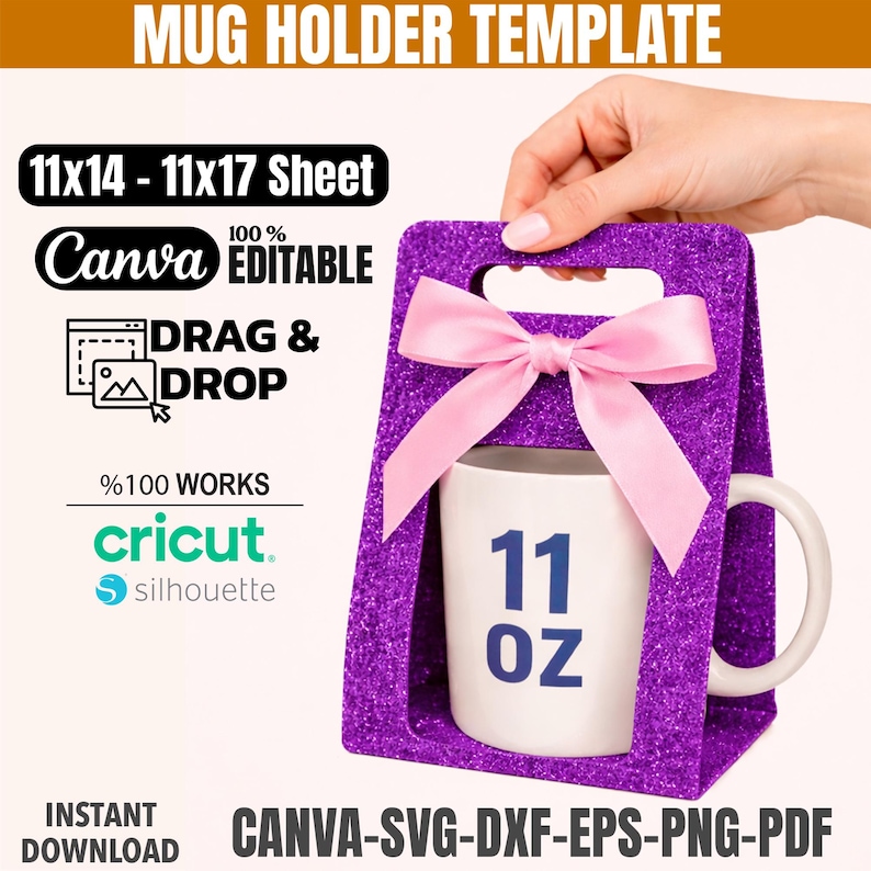 Puede incluir: Un portavasos de purpurina morada con un lazo rosa, que sostiene una taza blanca de 312 g. El soporte tiene un dise&ntilde;o rectangular con un asa. El texto en el soporte incluye "Mug Holder Template", "Canva Editable" y "Instant Download".