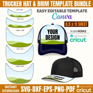 Könnte beinhalten: Ein digitales Vorlagenpaket für Trucker-Hüte und Krempen. Enthält verschiedene Hut- und Krempenvorlagen. Zeigt eine marineblaue und weiße Trucker-Mütze mit dem Text "YOUR DESIGN". Kompatibel mit Canva, Silhouette und Cricut.