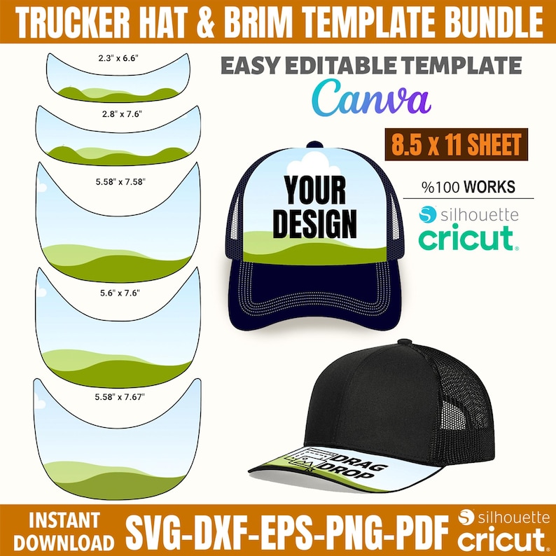 May include: A digital template bundle for trucker hats and brims. Includes various hat and brim templates with measurements in inches. Features a navy blue and white trucker hat with the text "YOUR DESIGN". Compatible with Canva, Silhouette, and Cricut.