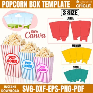 Modello scatola popcorn, Pacchetto scatola popcorn, Sacchetto popcorn Svg, Modello ciotola popcorn, File di taglio, Popcorn Svg per Cricut, Modello scatola snack
