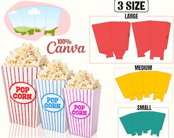 Popcorn Box Template Bundle, 3 Sizes, Canva Ready (SVG, PDF, PNG)