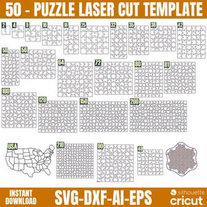 May include: A set of 50 laser cut puzzle templates in various sizes, ranging from 2 to 210 pieces. The templates are designed for use with a laser cutter and are perfect for creating personalised puzzles. The image also includes a map of the United States and a snowflake design.