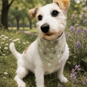 May include: A Jack Russell Terrier dog with white fur, brown ears, and a black nose sits in a grassy area. The dog wears a light green bandana with a pattern of paw prints and flowers. Purple and white flowers are in the background.