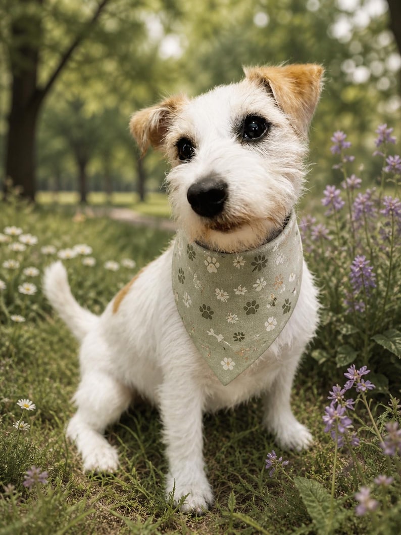 May include: A Jack Russell Terrier dog with white fur, brown ears, and a black nose sits in a grassy area. The dog wears a light green bandana with a pattern of paw prints and flowers. Purple and white flowers are in the background.