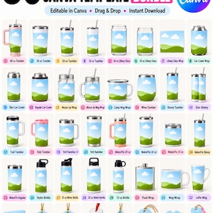 May include: A digital bundle of 80 sublimation templates for various drinkware and accessories, featuring a blue sky and green hill graphic. The image displays numbered product mockups including tumblers, mugs, coasters, and ornaments for Canva.