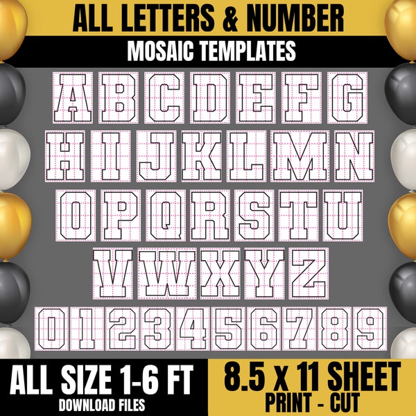 All Letters | Numbers Balloon Mosaic Template, 1-6 ft All size Balloon Mosaic, A to Z Letters, Mosaic Alphabet, Mosaic Numbers