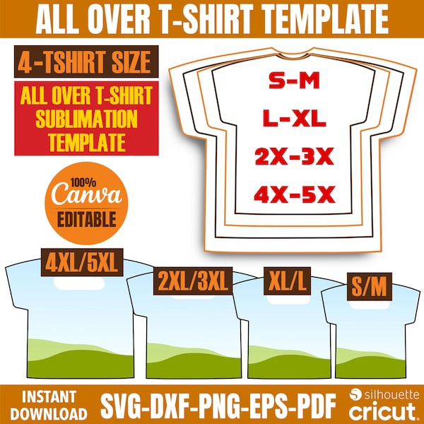 All Over T-Shirt Template, All Over T-Shirt Sublimation Template, Sublimation-Ready All Over Shirt Design Template, T-Shirt Outline