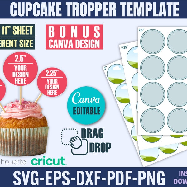 Cupcake Topper Svg, Birthday Cake Topper Template, Cupcake Topper Template,  Cake Topper Canva Template, Editable Cupcake Topper