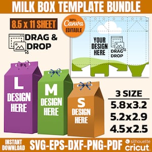 Lot de modèles de boîte de lait Canva, boîte de lait Svg, boîte de faveur de lait Svg, modèle de boîte cadeau, glisser-déposer, boîte de Svg, boîte de faveur, modèle de boîte Svg