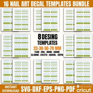 Peut inclure: Un ensemble de 16 modèles de décalcomanies pour nail art. Les motifs comprennent diverses formes et tailles, avec du texte indiquant les modèles disponibles : Flare, Oval, Round, Square, Almond, Stiletto, Squoval et Coffin. Téléchargement instantané.