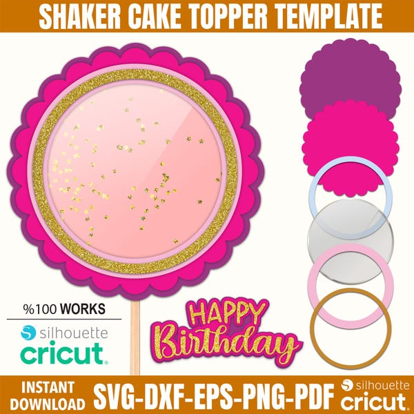 Shaker taarttopper sjabloon SVG: 3D verjaardagsfeestje decor, digitaal downloadbestand, Cricut-bestand