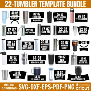 Peut inclure: Une collection de 22 modèles de gobelets différents pour l'artisanat et la conception. Les modèles comprennent différentes tailles et styles, tels que des gobelets de 40 oz, des canettes de soda de 12 oz, des gobelets fins de 20 oz et des mugs de 14 oz. Les modèles sont étiquetés avec leur taille et leur style, et sont prêts à être utilisés pour créer des gobelets personnalisés.