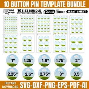 May include: A digital template bundle for button pins, with sizes ranging from 2.5 cm to 8.9 cm in diameter. The design features a sky and green landscape within a clear bubble. The text includes "10 Button Pin Template Bundle" and "Canva Editable".
