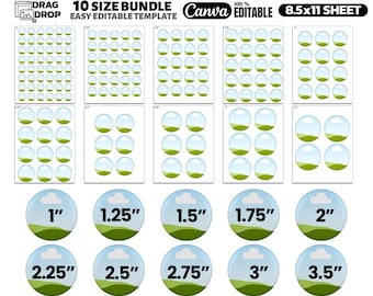 Button Pin Template Bundle 10 Sizes, Canva Editable Badge Template, 1” to 3.5” Circle Template