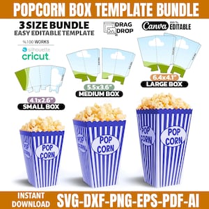May include: A popcorn box template bundle with three sizes: small (10.4x6.6 cm), medium (14x9.1 cm), and large (16.3x10.4 cm). The boxes are blue and white striped, filled with popcorn, and feature the text "POP CORN".