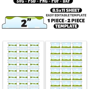 May include: A digital file tab templates bundle featuring SVG, PSD, PNG, PDF, and DXF formats. The graphic displays a 2-inch tab design, an 8.5x11 sheet layout, and options for 1-piece or 2-piece templates with a green and blue landscape graphic.